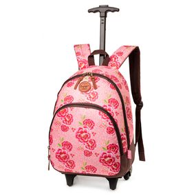 Mochila Escolar Feminina Floral Camelia com Rodinha Rosa Clara