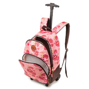 Mochila Escolar Feminina Floral Camelia com Rodinha Rosa Clara