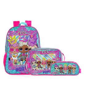 Kit Mochila Escolar Feminina LOL com Lancheira e Estojo Rosa