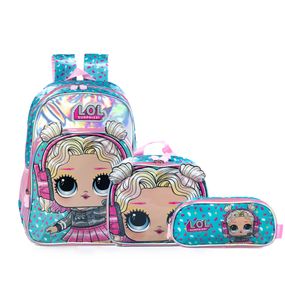 Kit Mochila Escolar Feminina LOL com Lancheira e Estojo Premium Verde Claro