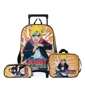 Kit Mochila Escolar Masculina de Rodinhas Boruto com Lancheira e Estojo Amarelo
