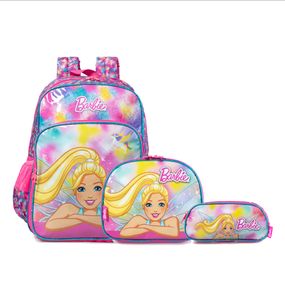 Kit Mochila Escolar Feminina Barbie com Lancheira e Estojo Premium Rosa