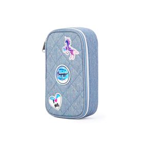 Estojo Escolar Feminino Matelasse Jeans Patches Azul