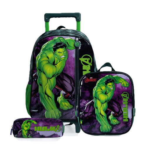 Kit Escolar Masculino de Rodinhas Marvel Hulk Com Lancheira e Estojo Verde Escuro