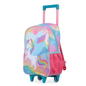 Mochila Escolar Feminina de Rodinhas Unicórnio Rainbow Rosa
