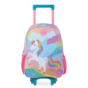 Kit Mochila Escolar Infantil Com Rodinhas Feminina Unicórnio Rainbow Com Lancheira e Estojo Rosa