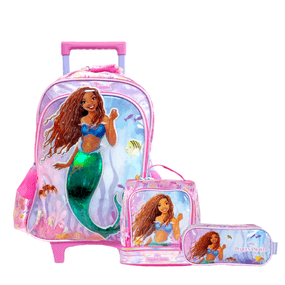 Kit Mochila Escolar Infantil Com Rodinhas Feminina Ariel Com Lancheira e Estojo Premium Rosa Escuro