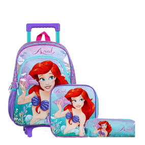 Kit Mochila Escolar Infantil Feminina Com Rodinhas Ariel Com Lancheira e Estojo Rosa