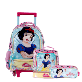 Kit Mochila Escolar Infantil Feminina de Rodinhas Branca De Neve Com Lancheira e Estojo Premium Rosa claro