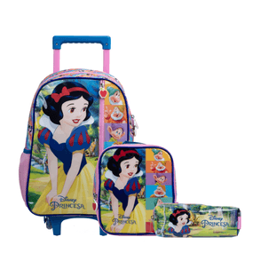 Kit Mochila Escolar Infantil Feminina de Rodinhas Branca de Neve Com Lancheira e Estojo Rosa