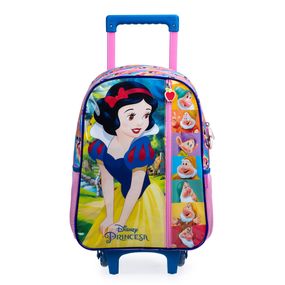 Kit Mochila Escolar Infantil Feminina de Rodinhas Branca de Neve Com Lancheira e Estojo Rosa