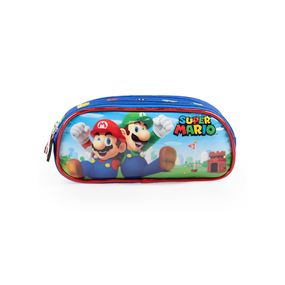 Estojo Escolar Infantil Masculino 3 Compartimentos Mario Bross Premium Azul