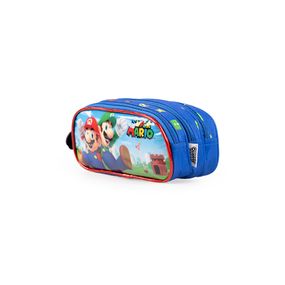 Estojo Escolar Infantil Masculino 3 Compartimentos Mario Bross Premium Azul