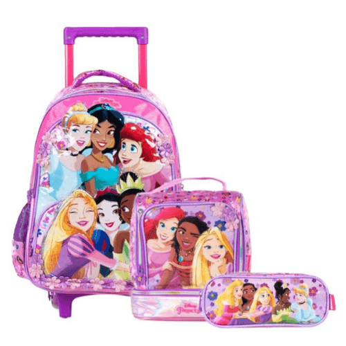 Kit Mochila Escolar Feminina com rodinhas com Lancheira e Estojo Disney Princesas Premium Rosa