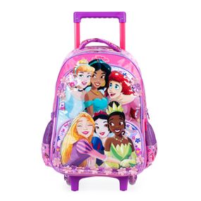 Kit Mochila Escolar Feminina com rodinhas com Lancheira e Estojo Disney Princesas Premium Rosa