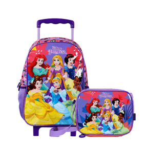 Kit Mochila Escolar Feminina de Rodinhas Princesas Disney Com Lancheira Rosa