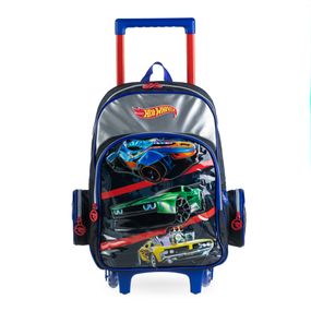 Mochila Escolar Infantil com 2 Rodinhas Masculina Hot Wheels Premium Preta