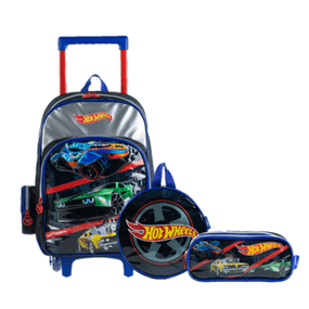 Kit Mochila Escolar Infantil com 2 Rodinhas Masculina Hot Wheels com Lancheira e Estojo Premium Preta