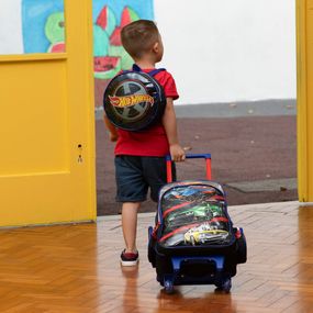 Mochila Escolar Infantil com 2 Rodinhas Masculina Hot Wheels Premium Preta