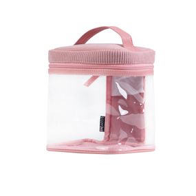 Necessaire Viagem Grande Transparente Canelada Rosa