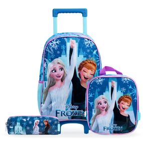 Kit Mochila Escolar Feminina Com Rodinhas Frozen Com Lancheira E Estojo Azul