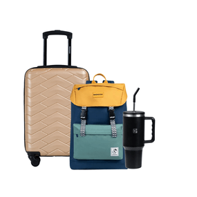 Kit Mala de Bordo Alaska Bege, Mochila Grande Zé Carioca Azul e Copo Térmico com Canudo Preto 1,20L