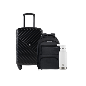 Kit Mala de Bordo Detroit Preto, Mochila México Preta e  Garrafa Térmica Cube Branca 500ml