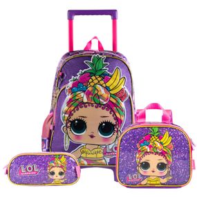 Kit Mochila de Rodinha + Lancheira Térmica + Estojo Infantil Feminino LOL Premium Roxo