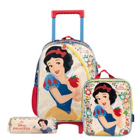 Kit Mochila de Rodinha + Lancheira Térmica  + Estojo  Infantil Feminino Branca de Neve Rosa