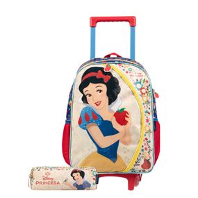 Kit Mochila de Rodinha e Estojo Feminino Branca de Neve Rosa