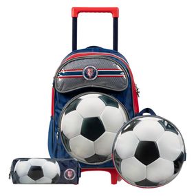 Kit Mochila de Rodinha + Lancheira Térmica + Estojo Masculino Futebol Azul