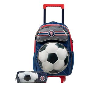 Kit  Mochila de Rodinha e Estojo Infantil Masculino Futebol Azul