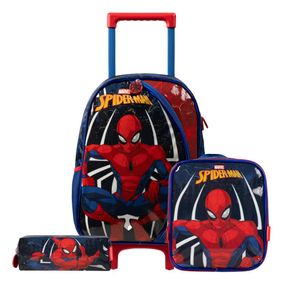Kit Mochila de Rodinha + Lancheira Térmica  + Estojo Infantil  Masculino Homem Aranha Azul
