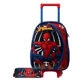 Kit Mochila de Rodinha e Estojo Infantil  Masculino Homem Aranha Azul