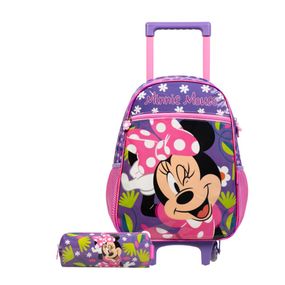 Kit Mochila de Rodinha e Estojo Escolar Infantil Feminino Minnie Rosa