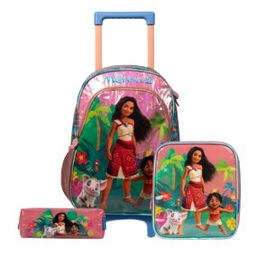 Kit Mochila de Rodinha + Lancheira Térmica + Estojo  Infantil feminino Moana Rosa