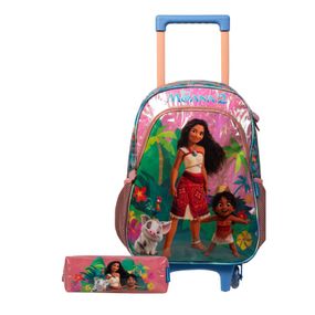 Kit Mochila de Rodinha e Estojo Infantil Feminino Moana Rosa