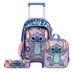 Kit Mochila de Rodinha + Lancheira Térmica  + Estojo  Infantil Feminino Stitch