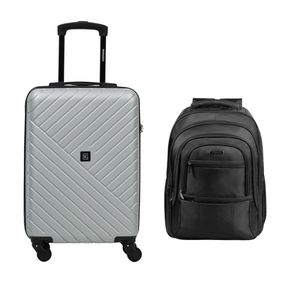 Kit Mala de Bordo 10 kg Abs 4 Rodas Detroit Prata + Mochila Masculina Executiva para Notebook Tech Preta