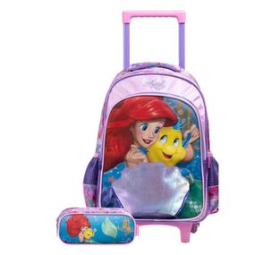 Kit Mochila de Rodinha e Estojo  Infantil Feminino Ariel  e Linguado Rosa