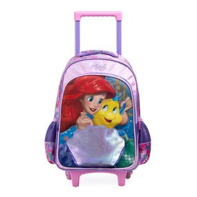 Kit Mochila de Rodinha e Estojo  Infantil Feminino Ariel  e Linguado Rosa
