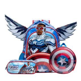Kit Mochila + Lancheira Térmica  + Estojo Masculino Infantil Capitão América com Asas Removíveis