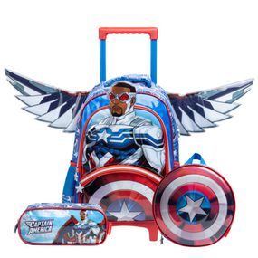 Kit Mochila de Rodinha + Lancheira Térmica  + Estojo  Infantil   Masculino Capitão América com Asas Removíveis
