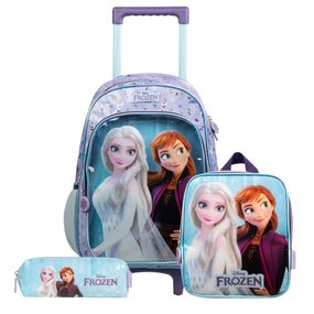 Kit Mochila de Rodinha + Lancheira Térmica  + Estojo  Infantil Feminino Frozen Elsa e Anna  Lilás