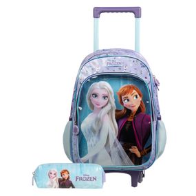Kit Mochila de Rodinha e Estojo Escolar Infantil  Feminino Frozen Elsa e Anna  Lilás