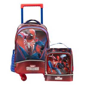 Kit Mochila de 4 Rodinhas Estampa em Movimento  e Lancheira Térmica Infantil Masculino Homem Aranha