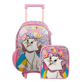 Kit Mochila de Rodinha e Lancheira Térmica  Infantil Feminino Gatinha Marie Rosa