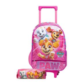 Kit Mochila de Rodinha e Estojo  Infantil Feminino Patrulha Canina Skye e Equipe Rosa