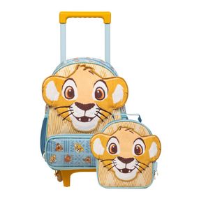 Kit Mochila de Rodinha e Lancheira Térmica  Infantil Masculina Simba Baby Azul e Amarelo