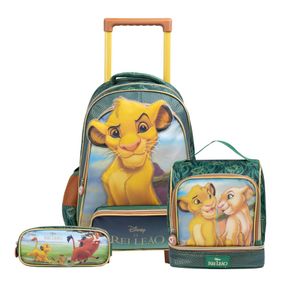 Kit Mochila de Rodinha + Lancheira Térmica  + Estojo  Infantil  Masculino Simba Rei Leão Verde